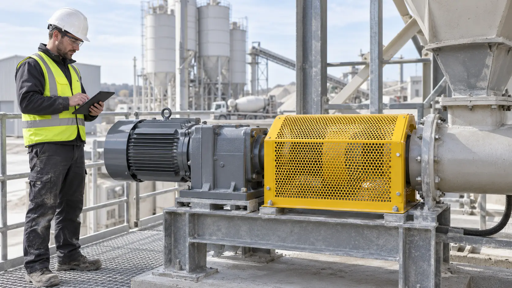 Fixed perforated guard enclosing a cement screw conveyor drive coupling