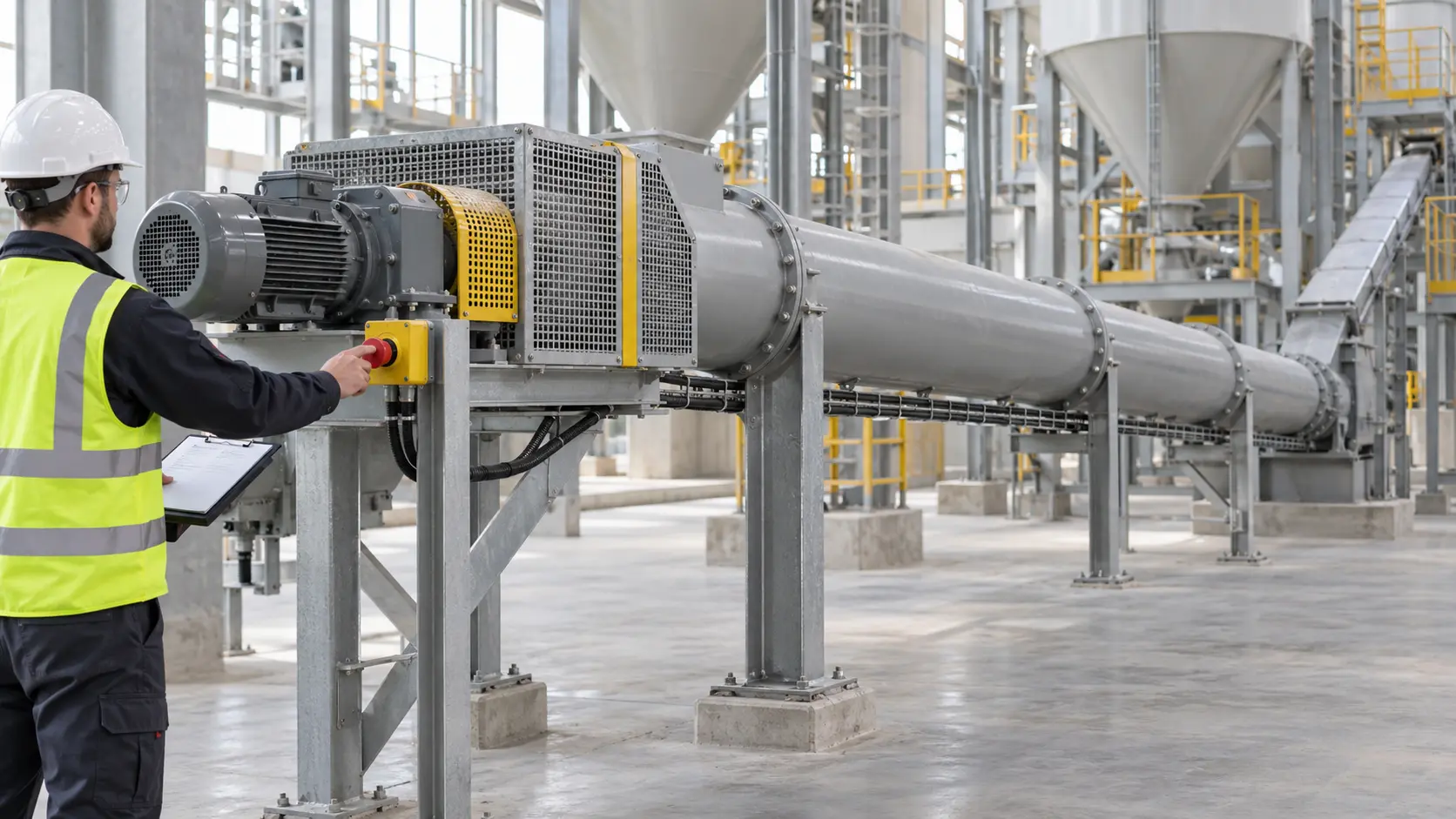 Engineer testing a guarded cement screw conveyor emergency stop