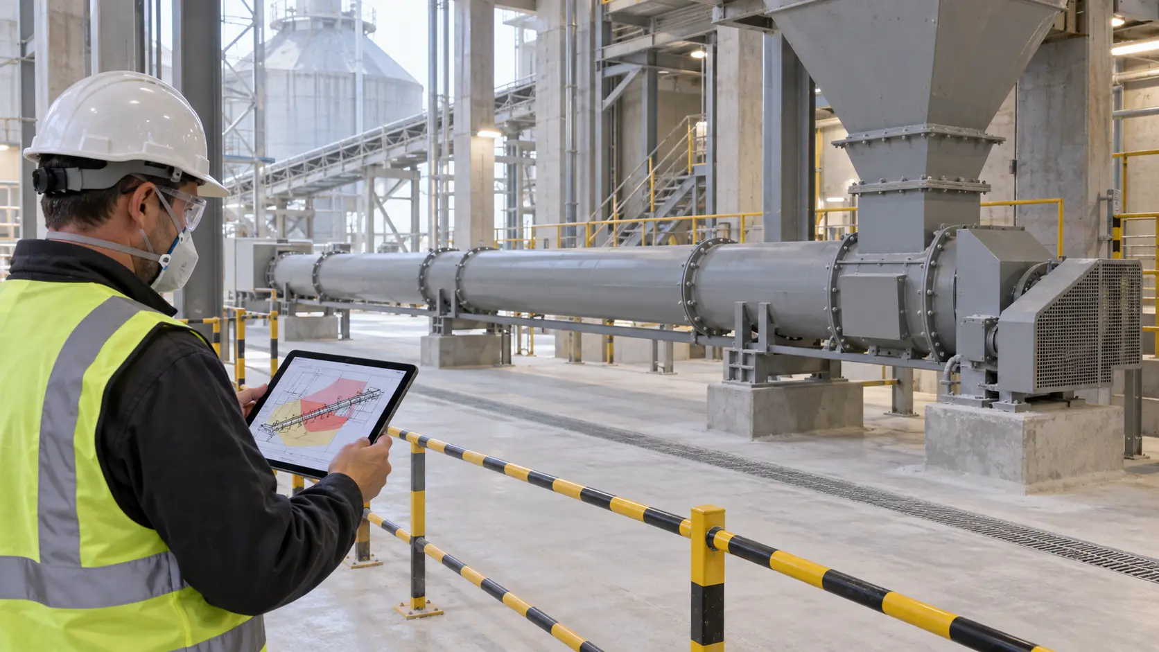 Safety engineer reviewing a guarded cement screw conveyor installation