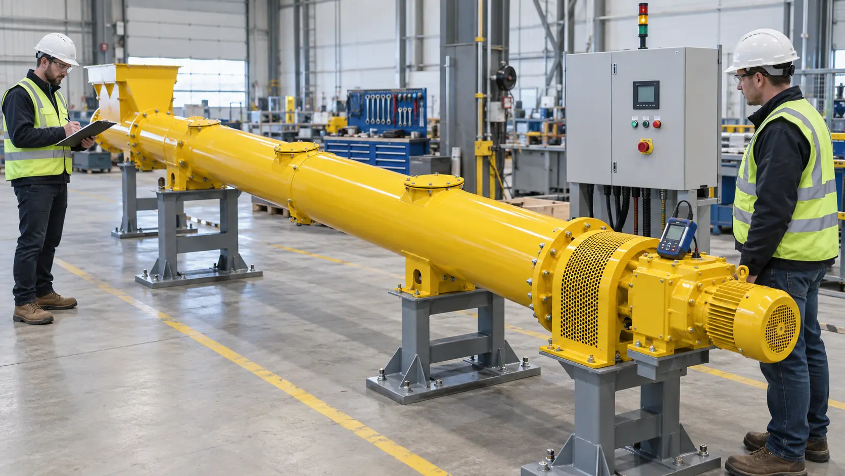 Engineers conducting a factory acceptance test on a guarded cement screw conveyor