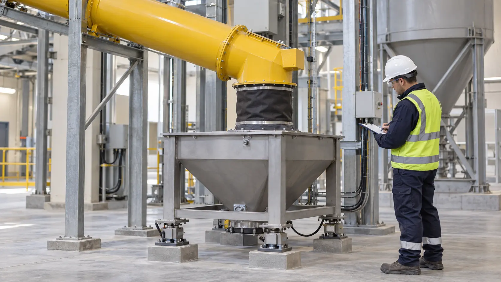 Flexible connector between an enclosed cement screw conveyor and a load-cell weigh hopper