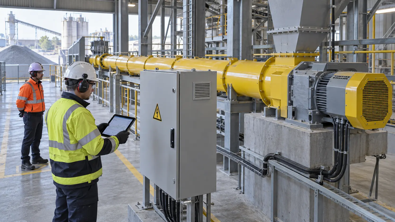 Engineer reviewing motor current trends beside a fully guarded cement screw conveyor
