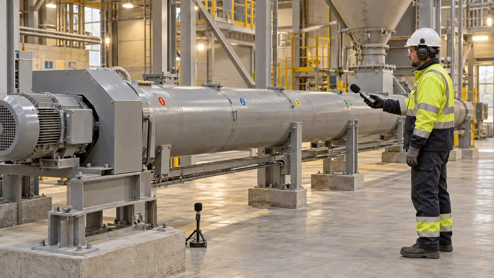 Engineer measuring sound beside a fully guarded cement screw conveyor