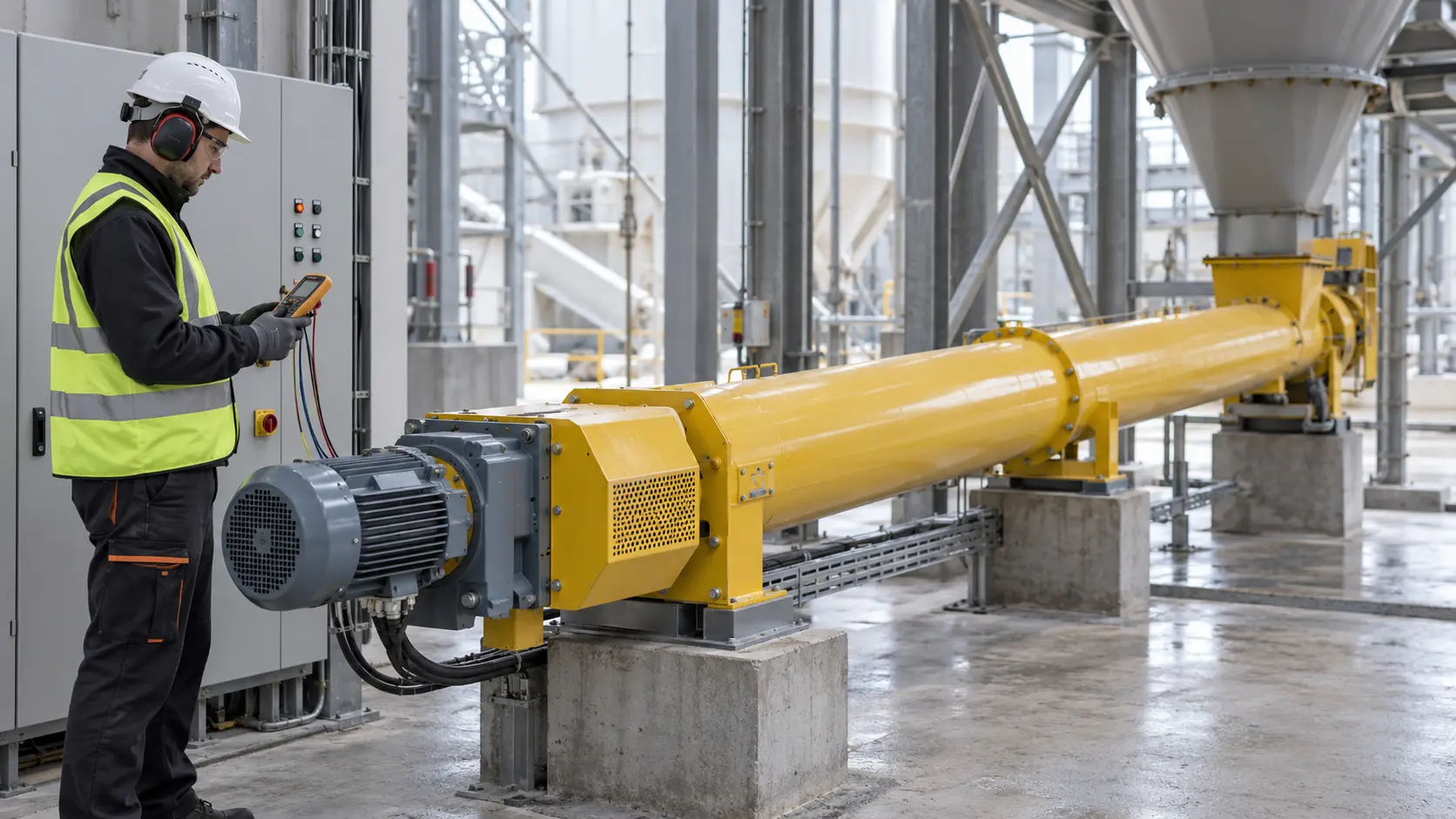 Technician checking an electrical panel beside a fully guarded tubular screw conveyor drive
