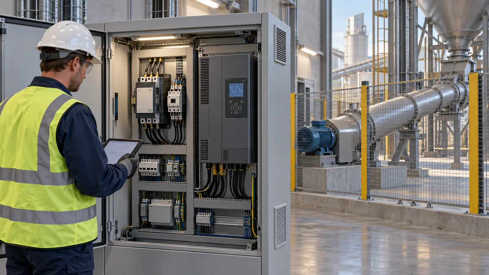 Engineer comparing two motor-control sections beside a guarded tubular screw conveyor