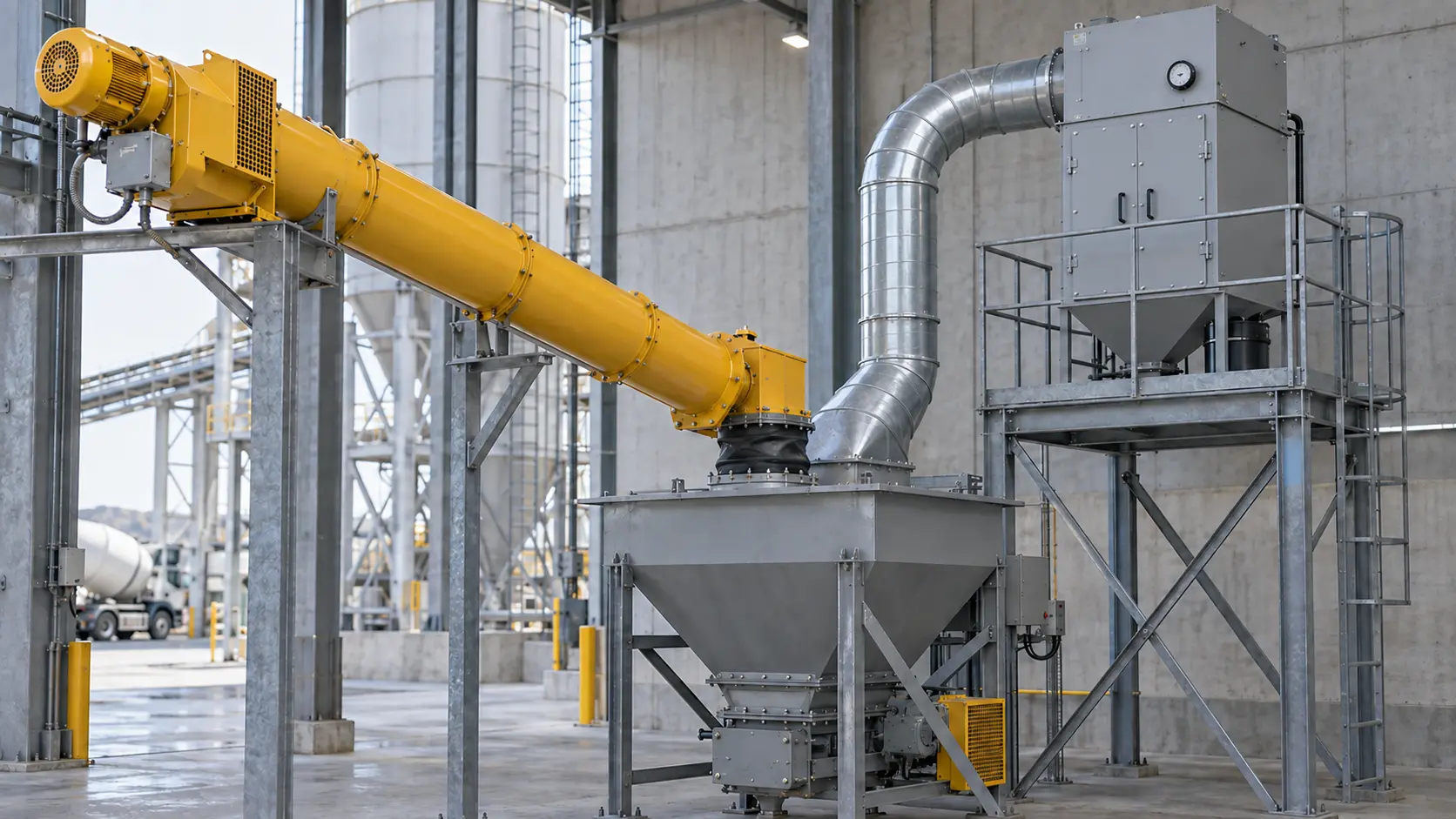 Enclosed cement screw conveyor discharging into a vented receiving hopper connected to a closed dust collector