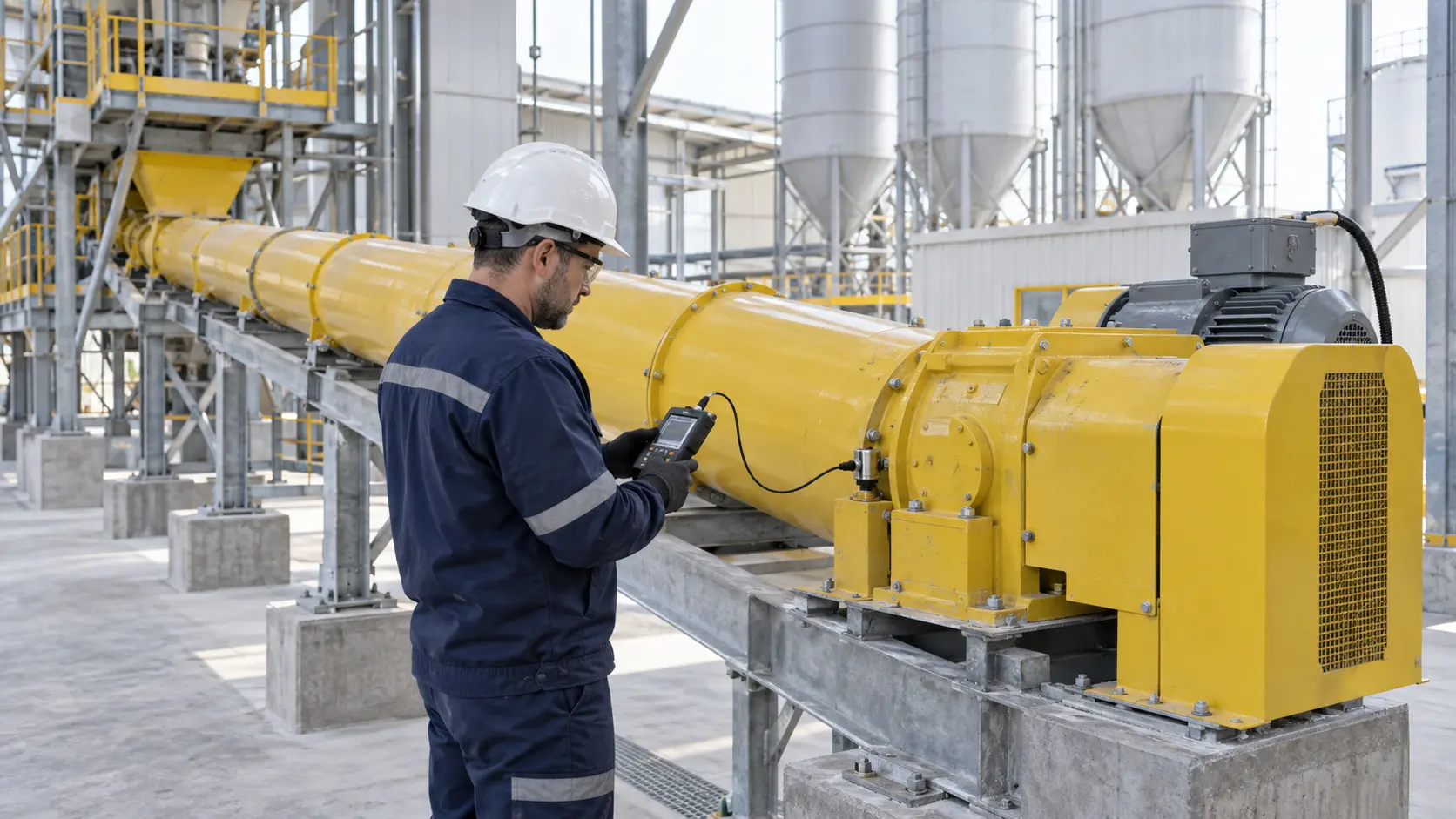 Technician measuring vibration on the guarded drive housing of an enclosed cement screw conveyor