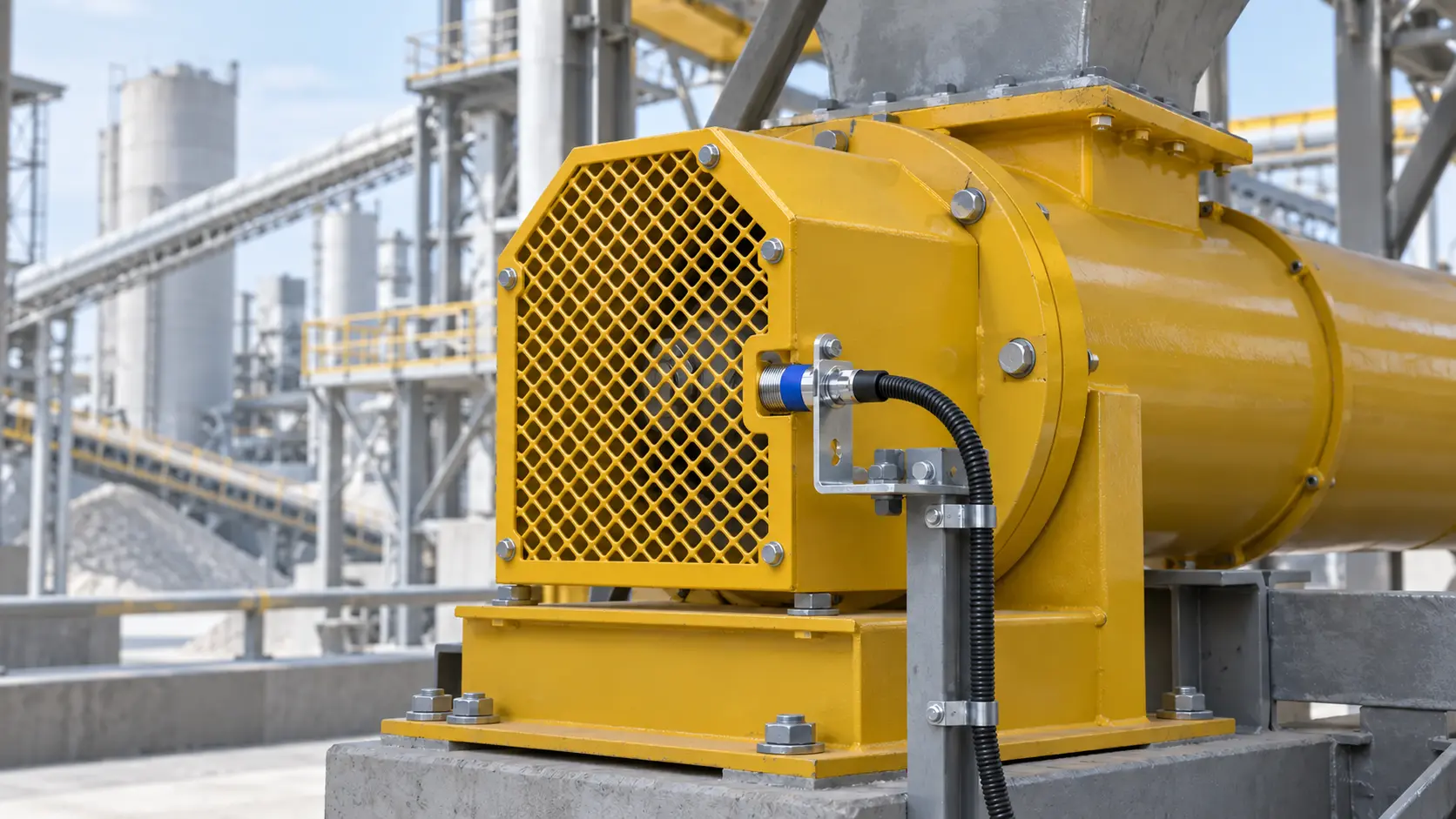 Guarded shaft-end speed sensor on a tubular industrial screw conveyor