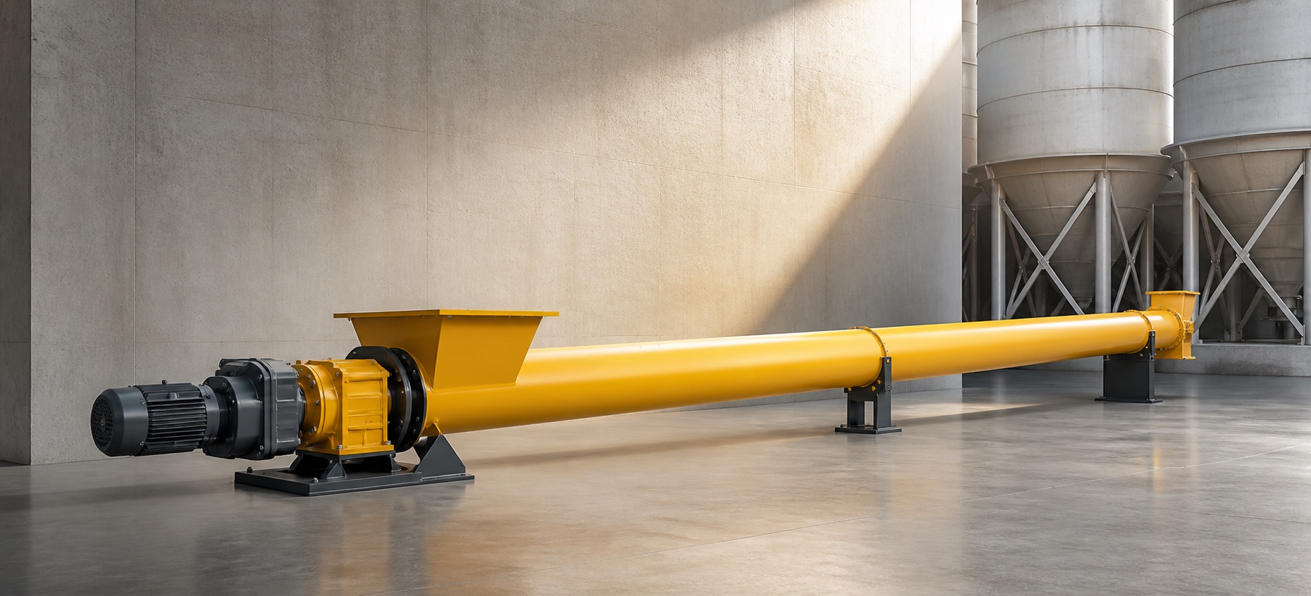 Yellow tubular cement screw conveyor in a modern dry-powder plant